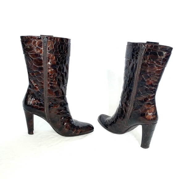 Stuart Weitzman brown embossed croc mid calf boots - Picture 3 of 4